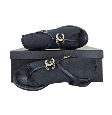 CHANEL Leather Crystal CC Logo Sandals Navy 35.5 154224312