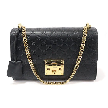 GUCCI 409486 ブラック シマ レザー シグネチャー チェーン パドロック ラージ ショルダーバッグ 154318698