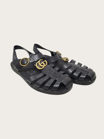 GUCCI ブラックラバーゴールドダブルGペリンヘッド装飾男性サンダル 154391104