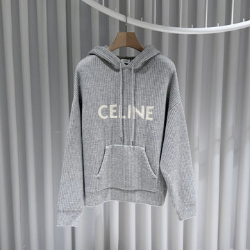 Celine Wool Ribbed Gray Knit Hoodie 154438088