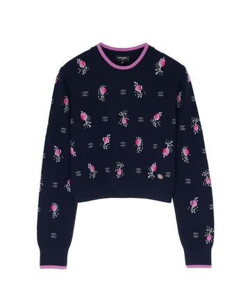 CHANEL 22K Cropped Cashmere Pullover 34 Navy 4ET1930 121628316
