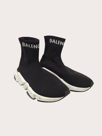 BALENCIAGA ブラック ホワイト アンクル レタリング ロゴ スピードランナー スニーカー 154491506