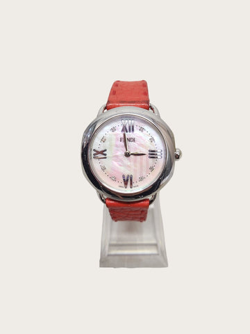 Fendi Mother-of-pearl Diamond Sellaria Steel Red Strap Women's Watch 36MM 154491550