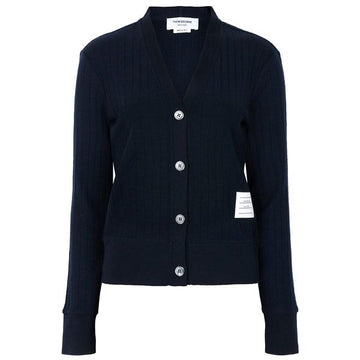 THOM BROWNE ネイビー ワイド ウール リブ Vネック カーディガン 154518764