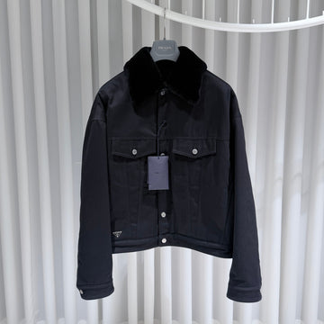 Prada Denim Neck Shearling Bomber Jacket Black 154607106