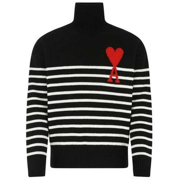 AMI ビッグハートストライプタートルネックニットブラックホワイト H21K229 018 004 150392847