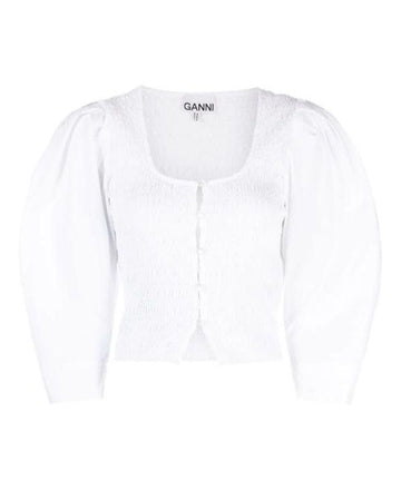 GANNI Weiße Baumwoll-Popeline Bluse mit Smock F8856 151 152204014