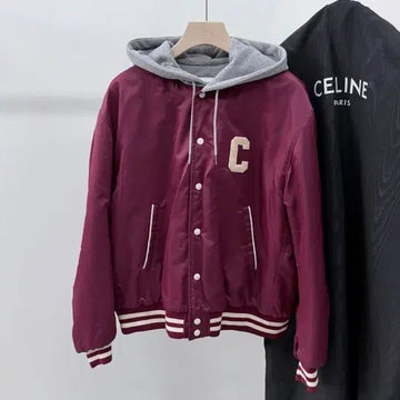 Celine Teddy Hood Back Logo Bomber Varsity Jacket Burgundy 154774352
