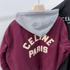 Celine Teddy Hood Back Logo Bomber Varsity Jacket Burgundy 154774352 [P]