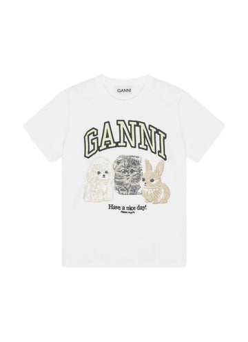 GANNI ホワイトアニマルプリントTシャツ T4237 151 151057095