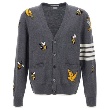THOM BROWNE Diagonal Schulterpolster Bird and Bee Wolle Strickjacke Mittelgrau 24FW 035 123042307