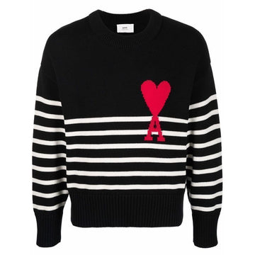 AMI Männer Big Heart Logo Streifen Strickjacke Schwarz E22UKS004 016 958 129750698