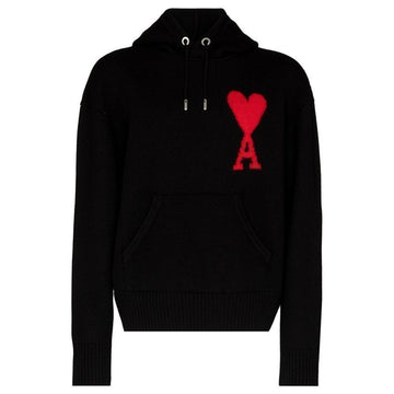 AMI ビッグハートロゴ刺繍フードオーバーサイズニットブラック E22UKS802 018 009 129750693