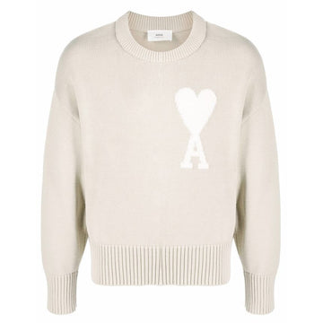 AMI Men's Big Heart Logo Embroidered Knit Beige E22UKS003 016 252 129750686