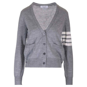 THOM BROWNE 25FW アシンメトリック Vネック ウール カーディガン ライトグレー 055 139200349