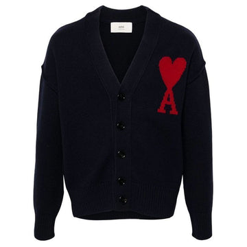 AMI Herz-Logo V-Ausschnitt Wollcardigan Marine 24FW 116299159