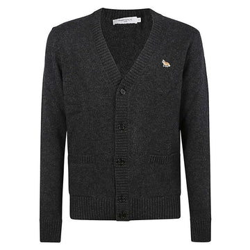 Maison Kitsune Fox Patch V-Neck Cardigan Dark Grey Melange H170 114555636