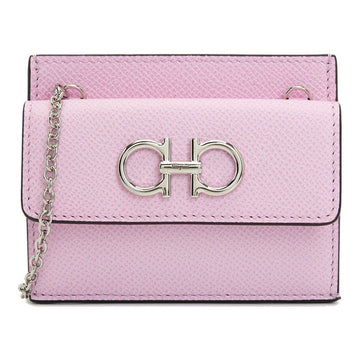SALVATORE FERRAGAMO ダブル ガンチーニ チェーン カード財布 ピンク 22-0413 0762959 77183465