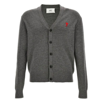 AMI Kleine Herz-Logo V-Ausschnitt Strickjacke Dunkelgrau HKC001 001 0551 47892794