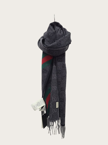 GUCCI ブラックチャコールGGウェブニキウールマフラー 155003832
