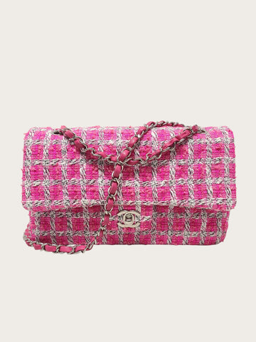 CHANEL Pink Silver-Tone Tweed Classic Medium Chain Shoulder Bag 19 Series 138937613