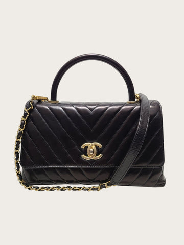 CHANEL Schwarzes Vintage Kalbsleder Chevron Coco Handle Medium 24 138751522