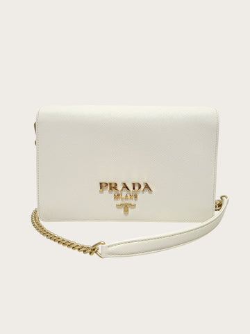 Prada White Gold Metal Logo Saffiano Mini Shoulder Bag 136018703