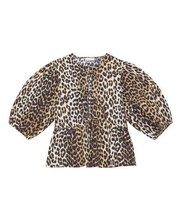 GANNI レオパード コットン ポプリン ペプラム タイ ブラウス 152204376
