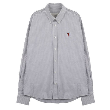 AMI Small Heart Cotton Oxford Shirt Black and Natural White BFUSH063-CO0087-039 148553854