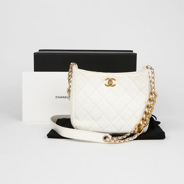 CHANEL ホワイト レザー CC ロゴ ホーボー チェーン ショルダー 兼 クロスバッグ 58035245