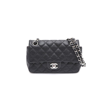 CHANEL Caviar Mini Classic Flap Bag Silver Chain Shoulder Bag Crossbody 15022528 155220374