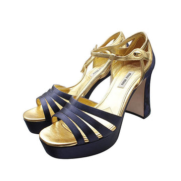 Miu Miu Navy Blue Satin T-Strap Sandals 38 155228769