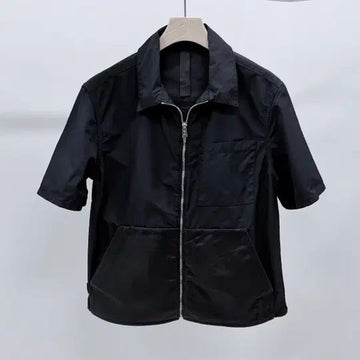 CHROME HEARTS ナイロンレザーパッチジップアップ半袖シャツ ブラック 155273346