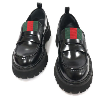 Gucci Black Shiny Calfskin WEB Platform Women's Loafers 38 155301446