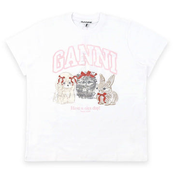 GANNI 女性アニマルプリント半袖(ホワイト) A1050029 151 150975783