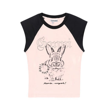 GANNI Kurzarm T4159 065 Bunny Logo Druck Raglan Damen T-Shirt 138567104