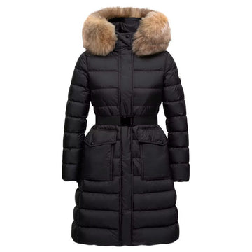 MONCLER KHLOESSE ベルト付きフードファー ロングダウンジャケット ブラック 1C000 13 53A5E 99M 146793847