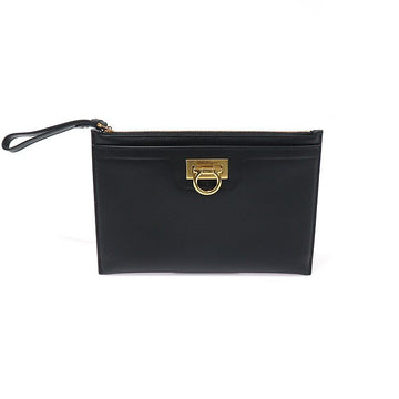 SALVATORE FERRAGAMO 22 E037 Black Calfskin Gancini Trifolio Pouch Clutch 155452286