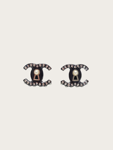 CHANEL Black Pearl Crystal Lock CC Earrings 155455912
