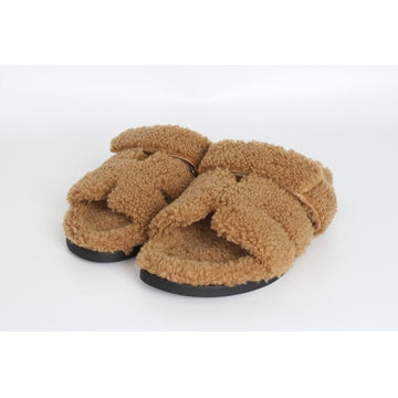 Hermes Shearling Sandal Slipper Gold Brown 43 155484469