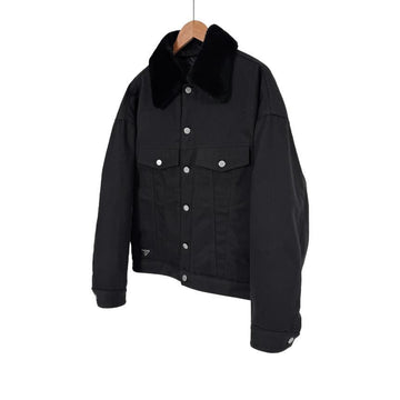 PRADA Männer Dreieck Logo Faux Denim Shearling Padded Bomberjacke Schwarz 155485829
