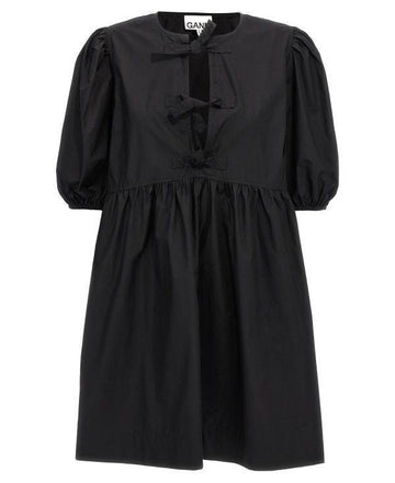 GANNI Schwarzes Baumwoll-Popeline Krawatten-Mini-Kleid 151058401