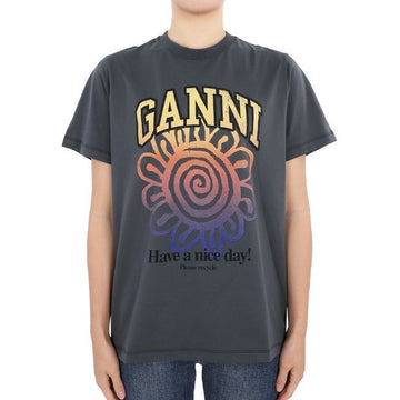 Ganni Flower Print Logo Short Sleeve T-Shirt (Dark Grey) T3717 490 73447496