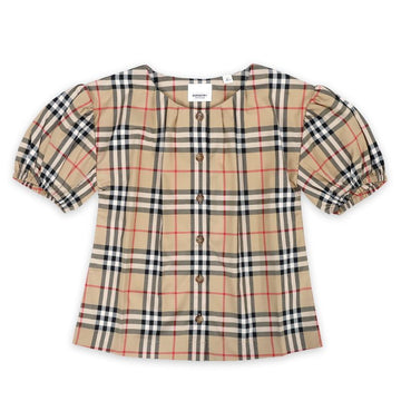 BURBERRY キッズ チェックツイルコットン 半袖ブラウス (ベージュ) 8072346 8,10Y 75627681