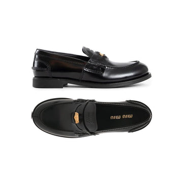Miu Miu Leather Loafers with Logo Stamp Black 153855817
