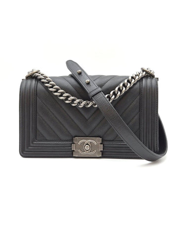 CHANEL Boy Bag Medium Caviar Chevron Black 28 Series (A67086) 2020 A+ 155555307