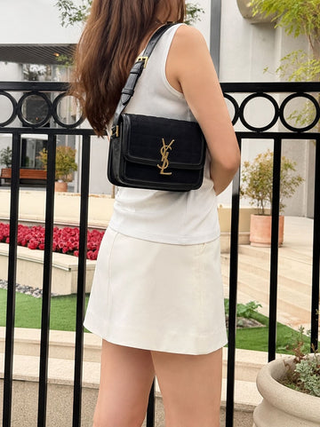 SAINT LAURENT Sorellino Small Satchel Ge quiltet Nubuk Wildleder Schulter Tasche Schwarz 739139 142827913