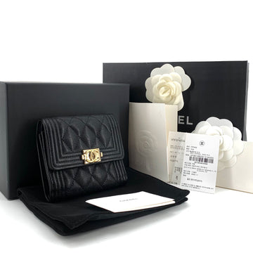 CHANEL Caviar Boy Gold Logo Bifold Wallet 155925768