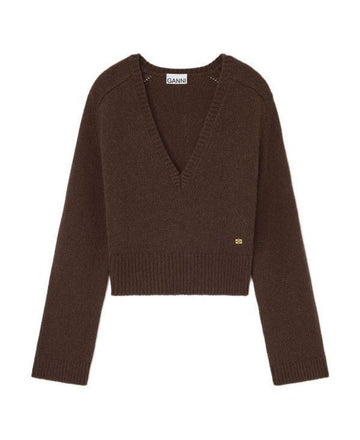 Ganni Brown V-Neck Jumper in Yak and Wool Blend 151057049