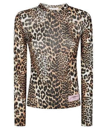 Ganni Leopard Print Mesh Long Sleeve Blouse T4208 943 151057086